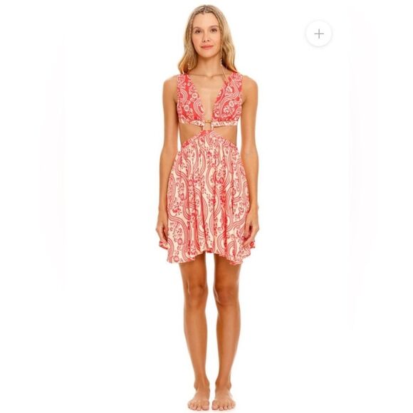 Agua Bendita Gillian Cut Out Mini Dress Cream Coral Womens Size Medium NWT - Picture 1 of 8